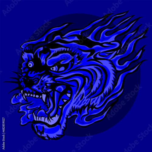Tribal angry tiger head. Blue tiger head. Vector illustration ready for vinyl cutting.