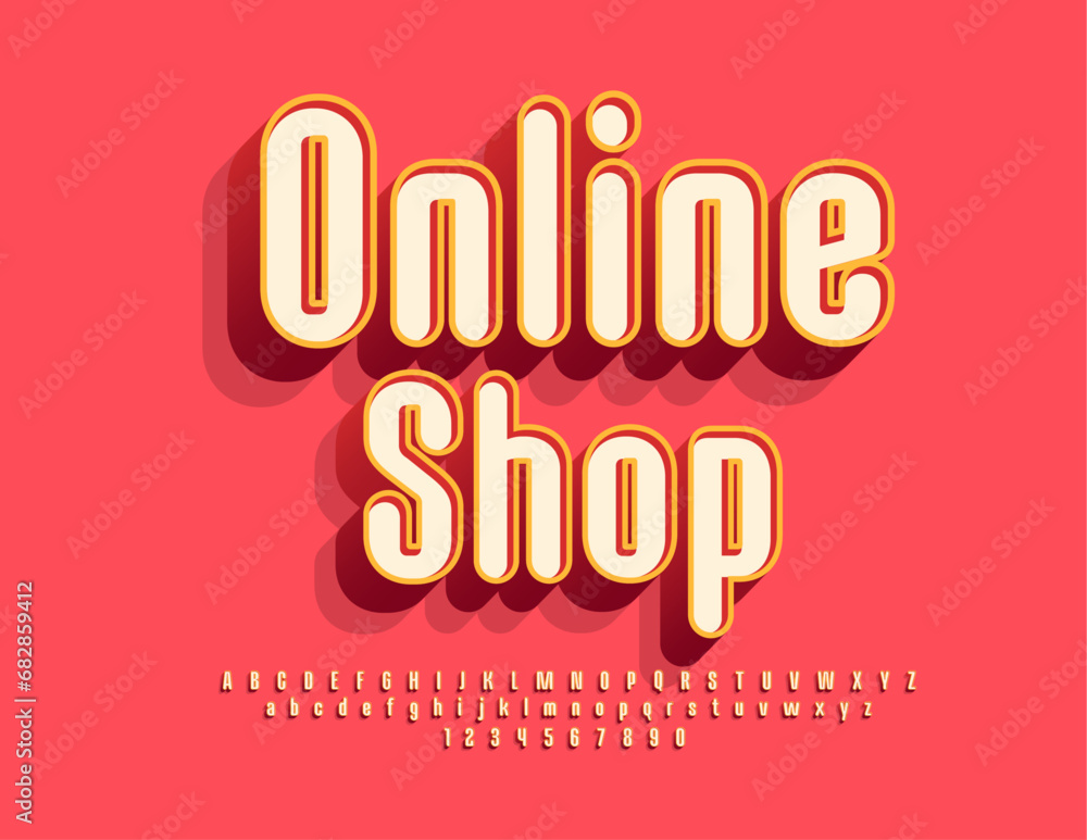 Vector digital sign Online Shop. Trendy style Font. Modern cute Alphabet Letters and Numbers set Vector digital sign Online Shop. Trendy style Font. Modern cute Alphabet Letters and Numbers set