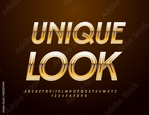 Vector creative sign Unique Look. Exclusive Gold Font. Stylish Alphabet Letter, Numbers and Symbols.