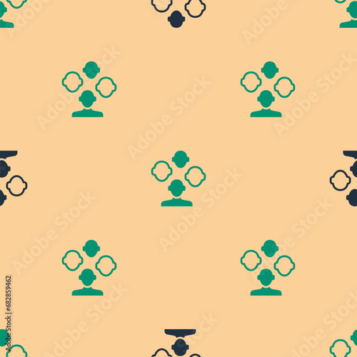 Green and black Schizophrenia icon isolated seamless pattern on beige background. Vector
