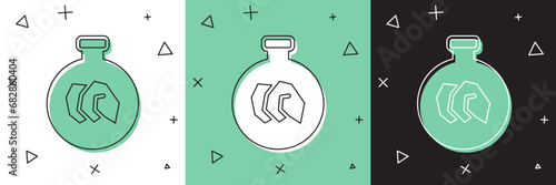 Set Exhibition with various minerals, rocks and crystals icon isolated on white and green, black background. Minerals exhibition, mineralogy, geology expo or museum. Vector