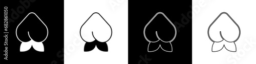Set Peach fruit or nectarine with leaf icon isolated on black and white background. Vector