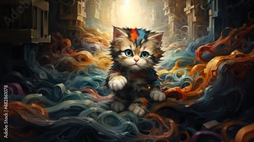 A curious kitten navigating a colorful maze made of yarn, for a children's storybook, cute storybook