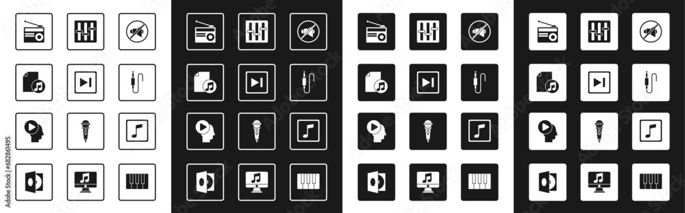 Set Speaker mute, Fast forward, Music book with note, Radio antenna, Audio jack, Sound mixer controller, tone and Head people play button icon. Vector Set Speaker mute, Fast forward, Music book with note, Radio antenna, Audio jack, Sound mixer controller, tone and Head people play button icon. Vector