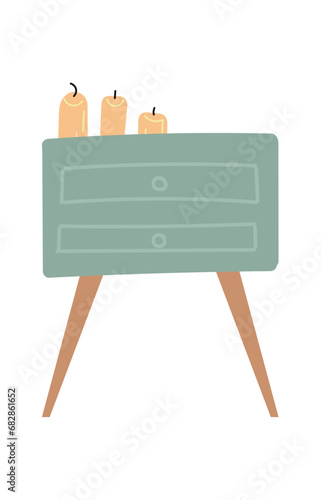 Furniture of flat cartoon set. In this artwork a colorful style enhances the charm of the cozy commode design, creating an inviting atmosphere filled with warmth. Vector illustration.