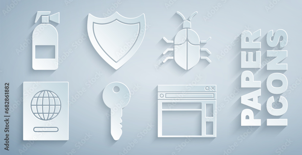 Set Key, System bug concept, Passport, Website template, Shield and Fire extinguisher icon. Vector