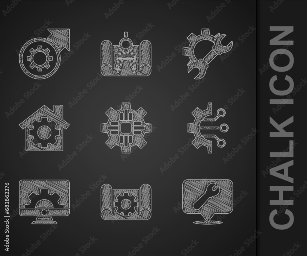 Set Processor, Graphing paper and gear, Location with wrench spanner, Algorithm, Computer monitor, House, Wrench and Gear arrows as workflow process icon. Vector