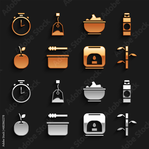 Set Sauna bucket and ladle, Cream or lotion cosmetic tube, Bamboo stems with leaves, Aroma lamp, Apple, Sea salt in bowl, Stopwatch and Tea bag icon. Vector