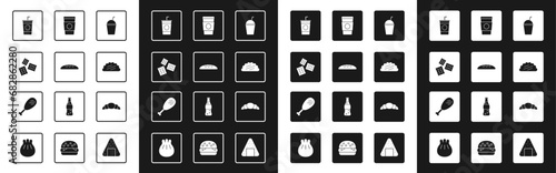 Set Milkshake, Bread loaf, Cracker biscuit, Paper glass with straw, Taco tortilla, Coffee cup go, Croissant and Chicken leg icon. Vector
