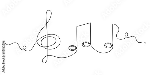 Treble clef and musical notes one line art, hand drawn continuous contour. Artistic creative concept, minimalist template design. Editable stroke. Isolated. Vector illustration