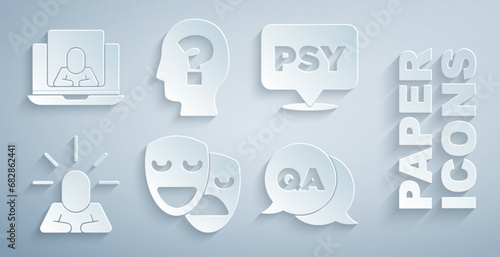 Set Comedy and tragedy masks, Psychology, Psi, Depression, Question Answer, Head with question mark and Psychologist online icon. Vector
