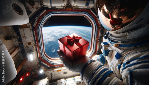 Astronaut Holding Red Gift Box in Space Station photo