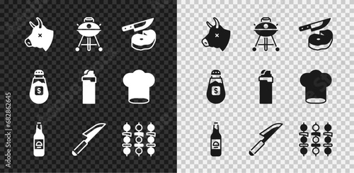 Set Cow head, Barbecue grill, Steak meat and knife, Beer bottle, Knife, Grilled shish kebab, Salt and Lighter icon. Vector