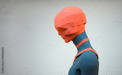 Female Mannequin model wrapped with orange red cotton fabric cloth - art concept of being bound by beauty standards, minimalist background studio scene.