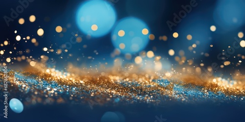 Festive celebration holiday christmas, new year, new year's eve banner template illustration - Abstract gold bokeh lights on dark blue background texture, de-focused photo