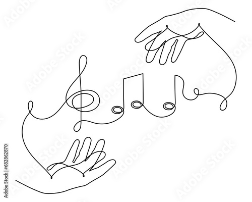 Hands hold musical treble clef and notes one line art, hand drawn continuous contour. Artistic creative concept, minimalist outline design. Editable stroke. Isolated. Vector illustration