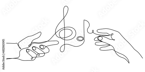 Hands hold musical treble clef and note one line art, hand drawn continuous contour. Artistic creative concept, minimalist outline design. Editable stroke. Isolated. Vector illustration