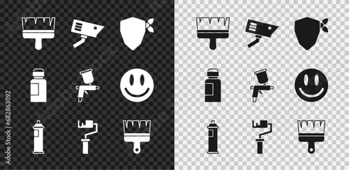 Set Paint brush, Security camera, Vandal, spray can, roller, Paint, gouache, jar, dye and gun icon. Vector