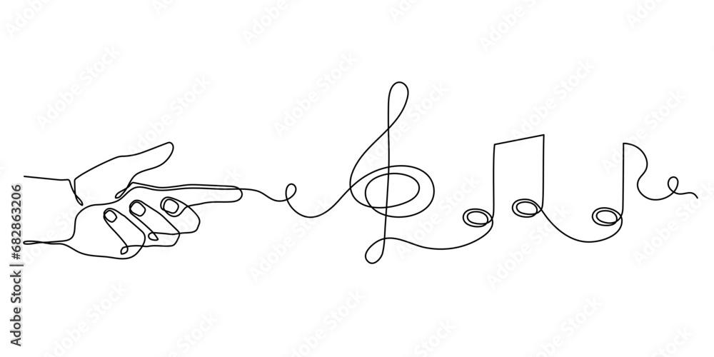 Hand holds musical treble clef and notes one line art, hand drawn continuous contour. Artistic creative concept, minimalist outline design. Editable stroke. Isolated. Vector illustration Hand holds musical treble clef and notes one line art, hand drawn continuous contour. Artistic creative concept, minimalist outline design. Editable stroke. Isolated. Vector illustration