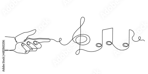 Hand holds musical treble clef and notes one line art, hand drawn continuous contour. Artistic creative concept, minimalist outline design. Editable stroke. Isolated. Vector illustration