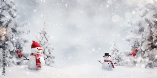 Panoramic view of happy snowman in winter secenery with copy space