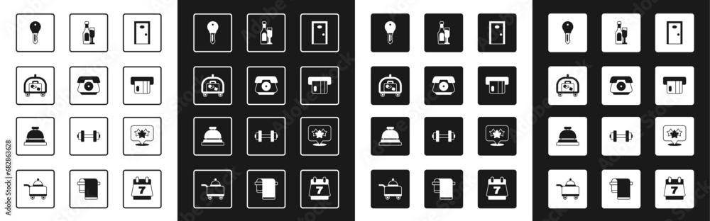 Set Hotel door, Telephone handset, luggage cart, lock key, Credit card, Champagne bottle with glass, Stars rating and service bell icon. Vector Set Hotel door, Telephone handset, luggage cart, lock key, Credit card, Champagne bottle with glass, Stars rating and service bell icon. Vector