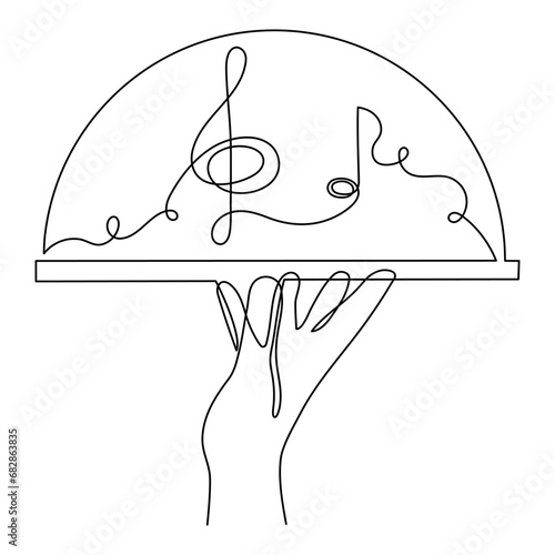 Hand holds musical treble clef and note one line art, hand drawn tray continuous contour. Artistic creative concept, minimalist outline design. Editable stroke. Isolated. Vector illustration