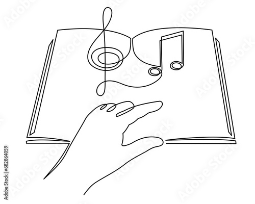 Book with treble clef and musical notes one line art,hand drawn continuous contour.Creative design.Education studying learning concept,artistic template outline.Editable stroke.Isolated.Vector