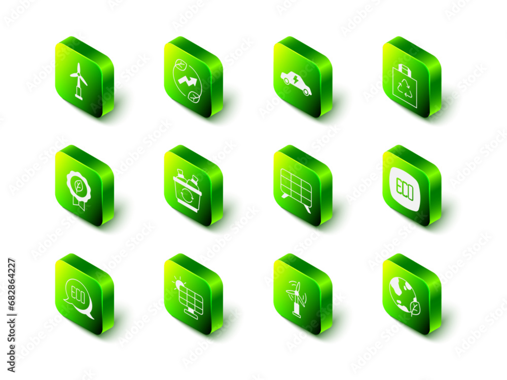 Set Electric saving plug in leaf, car, Shopping bag with recycle, Leaf Eco symbol, Earth globe and, Solar energy panel, Wind turbine and icon. Vector Set Electric saving plug in leaf, car, Shopping bag with recycle, Leaf Eco symbol, Earth globe and, Solar energy panel, Wind turbine and icon. Vector