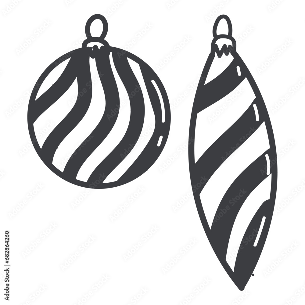 Christmas element of black line set. Christmas balls are intricately outlined in bold black strokes, capturing the magic and tradition of decorating the tree. Vector illustration. Christmas element of black line set. Christmas balls are intricately outlined in bold black strokes, capturing the magic and tradition of decorating the tree. Vector illustration.