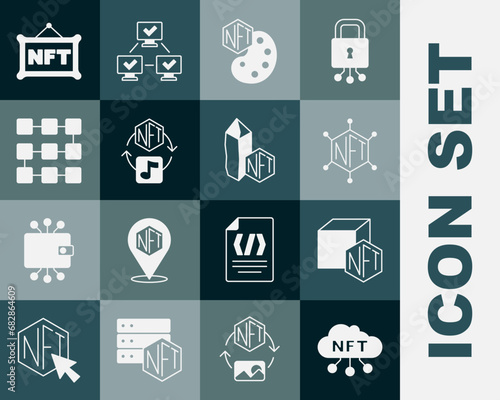 Set NFT cloud, Digital crypto art, blockchain technology, and icon. Vector