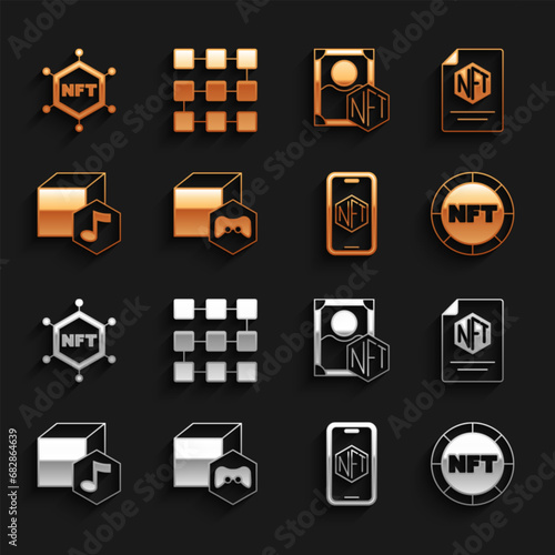 Set NFT Digital crypto art, contract, Mobile with store app, blockchain technology and icon. Vector