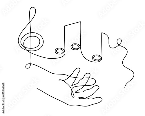 Hand holds musical treble clef and notes one line art, hand drawn continuous contour. Artistic creative concept, minimalist outline design. Editable stroke. Isolated. Vector illustration