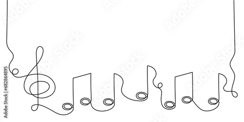 Treble clef and musical notes one line art, hand drawn continuous contour. Artistic creative concept, minimalist template design. Editable stroke. Isolated. Vector illustration