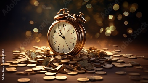 Time is money concept, a clock with gold coins