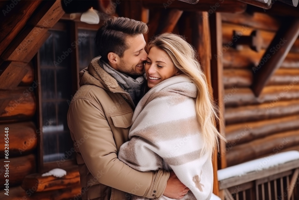 A happy couple hugs while standing against the backdrop of a snow-covered chalet. Vacation for Valentine's Day. A happy couple hugs while standing against the backdrop of a snow-covered chalet. Vacation for Valentine's Day.