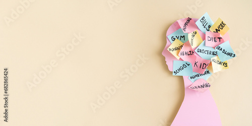 Canvas Print Mental load concept - female pink profile, head covered with post-it notes with