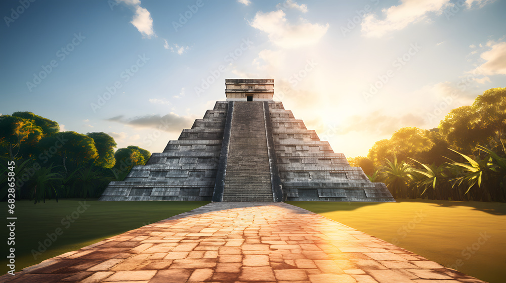 The iconic pyramid of El Castillo at Chichen Itza, casting a long shadow as the sun aligns perfectly with its steps during the equinox. Ai Generated.NO.02 - obrazy, fototapety, plakaty 