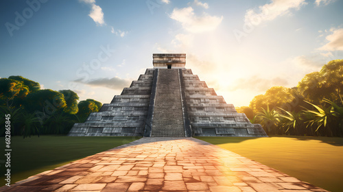The iconic pyramid of El Castillo at Chichen Itza, casting a long shadow as the sun aligns perfectly with its steps during the equinox. Ai Generated.NO.02 photo