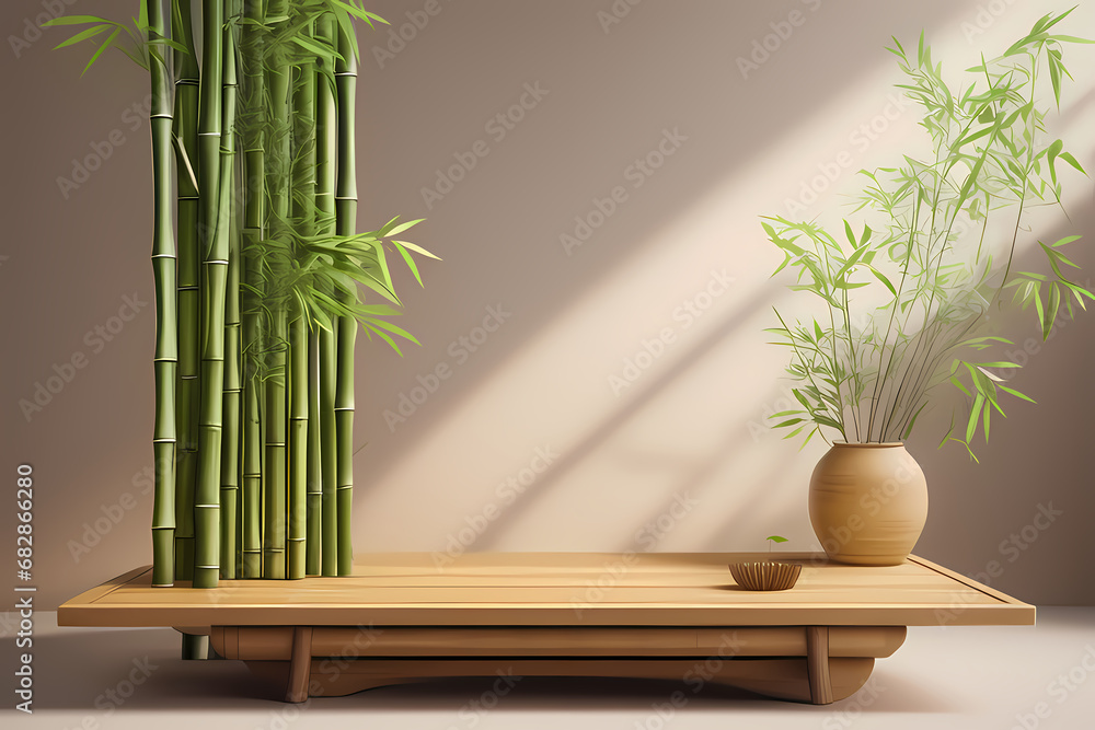 Obraz premium Minimalist Japanese room with bamboo and plant pot, Interior design