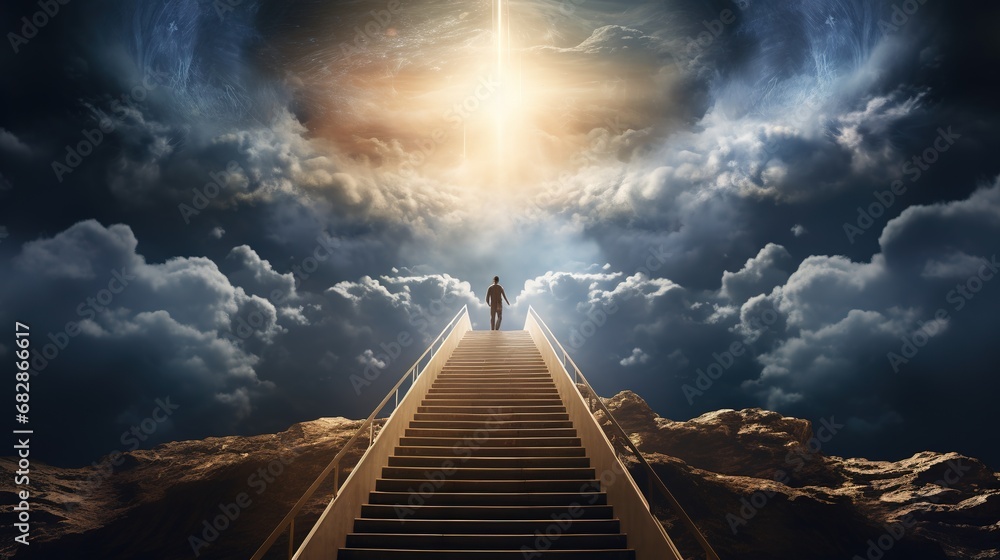 Stairway to heaven, with flare effects and clouds around, a place regarded in various religions as the abode of God and the angels - obrazy, fototapety, plakaty 