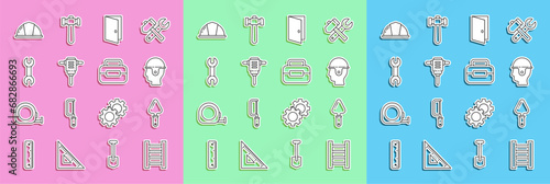 Set line Wooden staircase, Trowel, Worker safety helmet, Closed door, Electric rotary hammer drill, Wrench spanner, and Toolbox icon. Vector