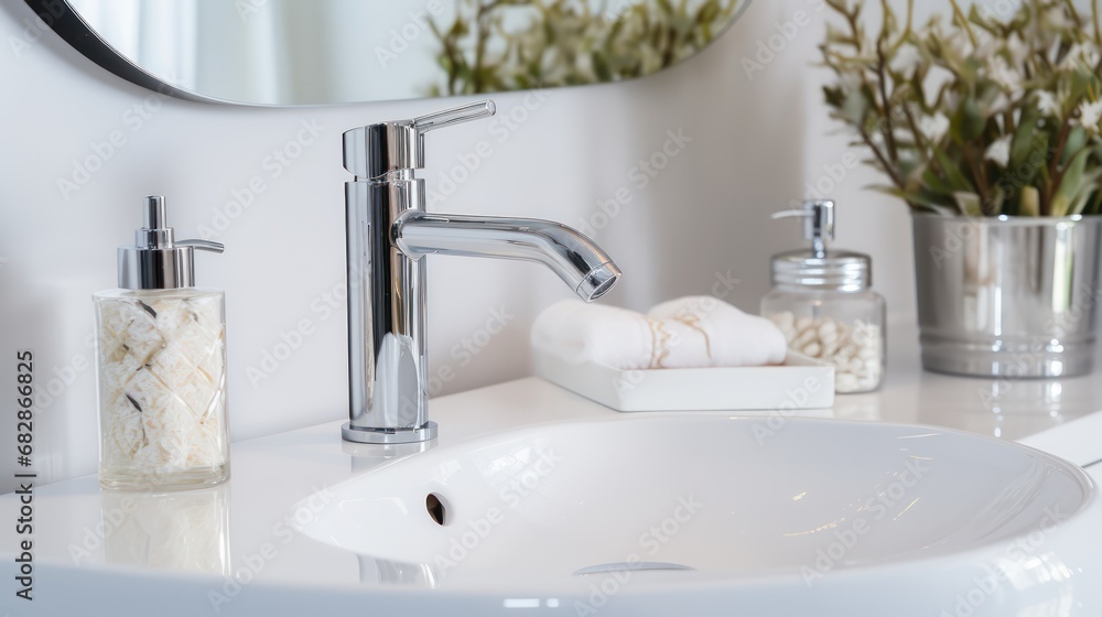 Fototapeta premium Close up of modern kitchen faucet and sink