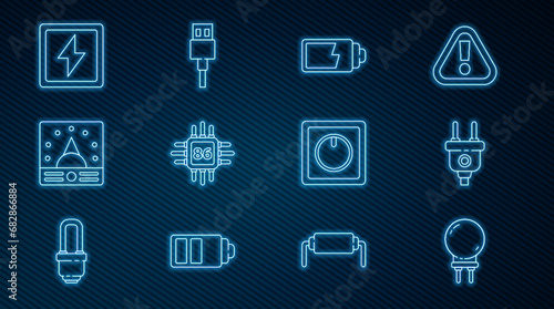 Set line Light emitting diode, Battery charge level indicator, Processor with microcircuits CPU, Ampere meter, multimeter, voltmeter, Lightning bolt, light switch and USB cable cord icon. Vector