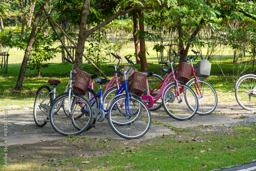 Fototapeta premium Bicycles parked in a parking lot in a city park