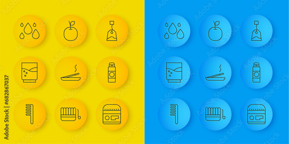 Set line Hairbrush, Glass with water, Scented spa stick, Cream or lotion cosmetic tube, Water drop, Tea bag and Apple icon. Vector Set line Hairbrush, Glass with water, Scented spa stick, Cream or lotion cosmetic tube, Water drop, Tea bag and Apple icon. Vector