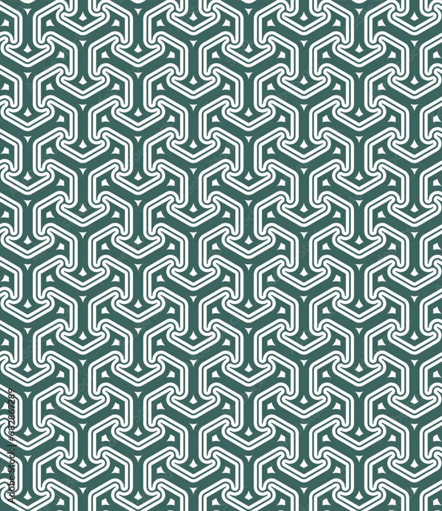 Seamless repeating pattern with interlocking green geometric elements on a white background. Abstract design. Decorative vector illustration.