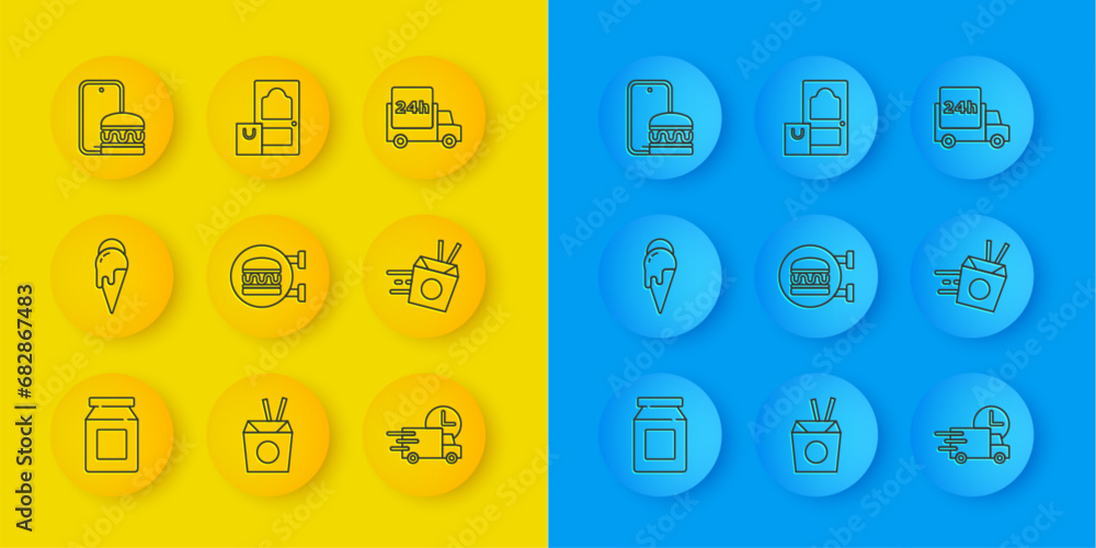 Set line Online ordering and delivery, Ice cream, burger, Fast by car, noodles, and icon. Vector Set line Online ordering and delivery, Ice cream, burger, Fast by car, noodles, and icon. Vector