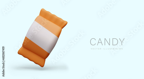 Rectangular candy in wrapper. Realistic packaging, vector mockup with place for brand name, logo. Packed portions of sweets. Horizontal poster for social networks