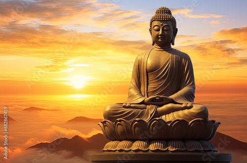 golden buddha of god standing in front of the sun